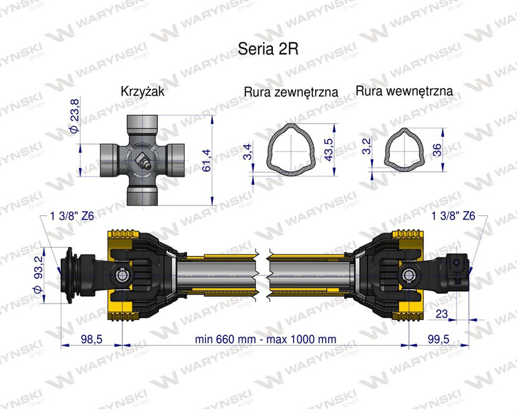 Wał przegubowo-teleskopowy 660-1000mm 270Nm 40230 CE seria 2R WARYŃSKI