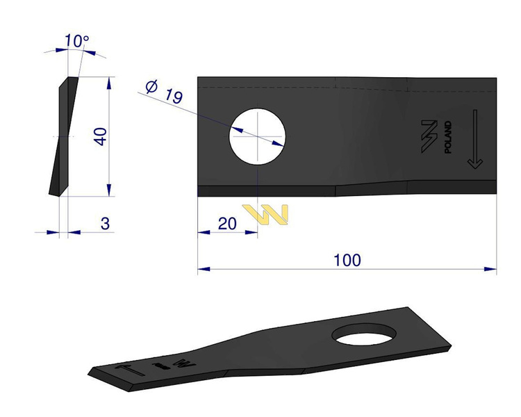 Nóż. nożyk kosiarka prawy 100x40x3mm otwór 19 580290955 BCS Sipma WARYŃSKI