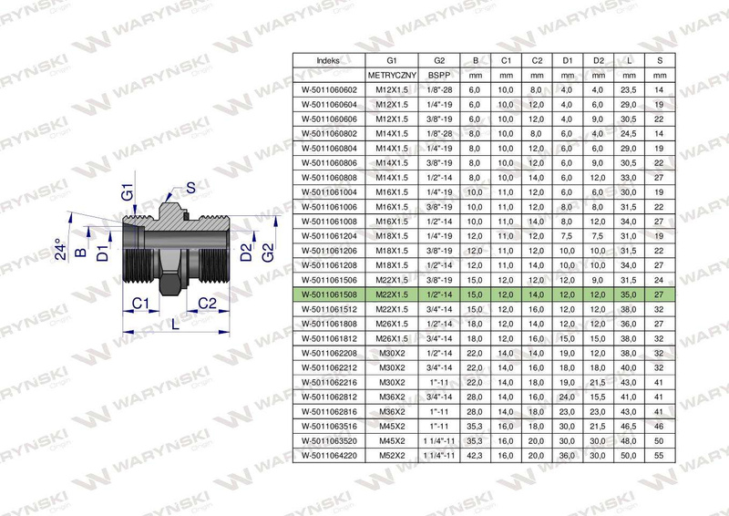 Przyłączka hydrauliczna BB XGE M22x1.5 15L x 1/2" BSP ED Waryński