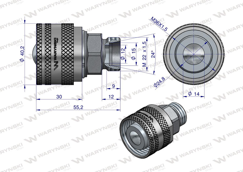 Komplet - zawór wtyczka M22x1.5 skręcane (50490030) z gwintowaną pokrywą/osłoną aluminiową Waryński 