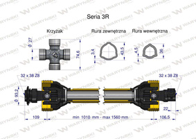 Wał przegubowo-teleskopowy 1010-1560mm 460Nm 32X38 Z8 rosyjski z dwóch stron CE seria 3R WARYŃSKI [W326061010]