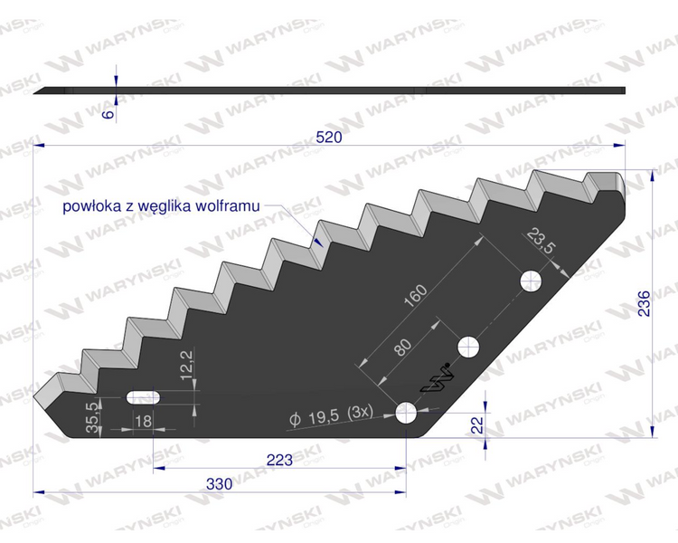 Nóż paszowozu uniwersalny otwór 19.5 mm z węglikiem wolframu Waryński