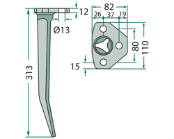 Ząb brony wahadłowej Amazone 313mm dziób z kołnierzem RE, REV