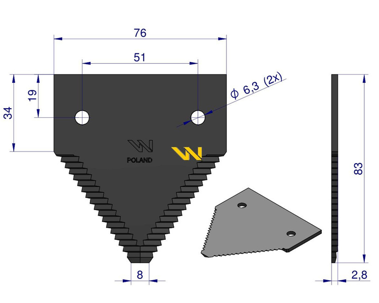 Nóż żniwny 83x76x2.8mm otwór 6.5 P49650 John Deere WARYŃSKI