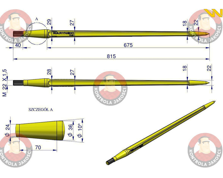 Ząb ładowacza czołowego uniwersalny prosty L=810mm Waryński