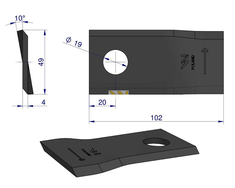 Nóż. nożyk kosiarka lewy 102x48x4mm otwór 19 140693 Fella WARYŃSKI