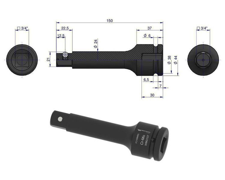 Przedłużka do nasadek udarowych 3/4" 150mm Waryński