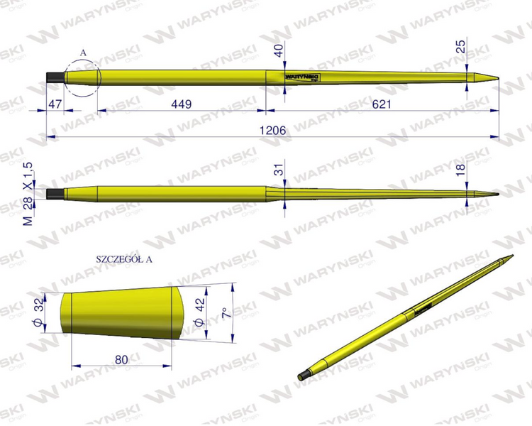 Ząb ładowacza czołowego uniwersalny prosty L=1200mm Waryński