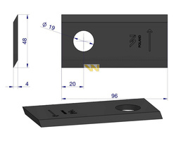 Nóż. nożyk kosiarka lewy 96X48x4mm otwór 19 16503658 Deutz-Fahr WARYŃSKI