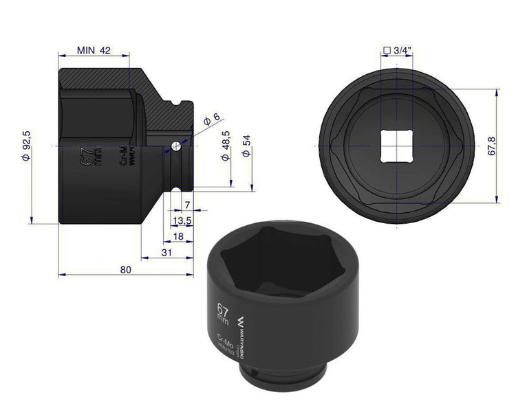 Nasadka udarowa sześciokątna 3/4" 67 mm Waryński