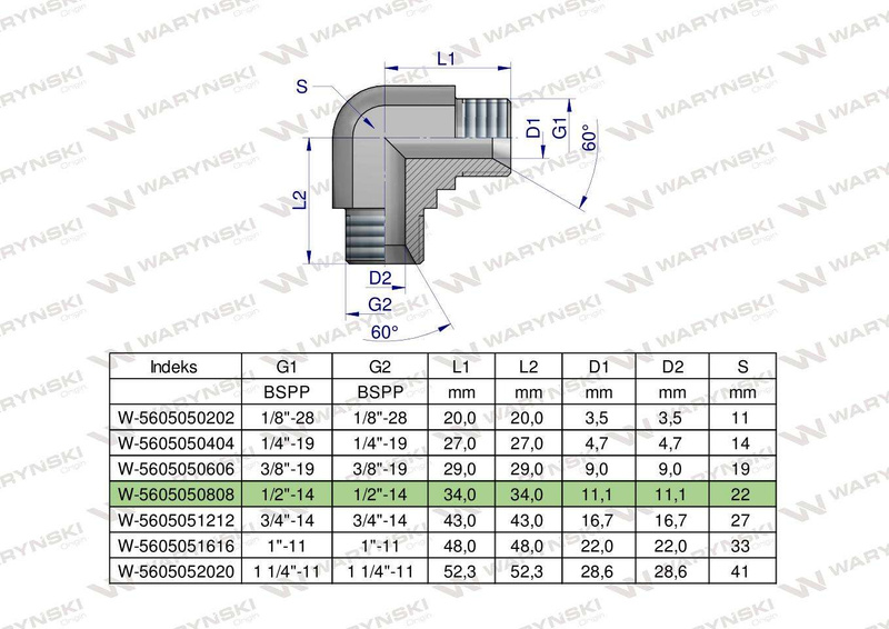 Kolanko hydrauliczne calowe BB 1/2" BSP (XW) Waryński