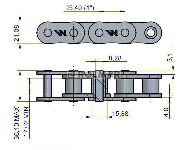 Łańcuch rolkowy 16B-1 (R1 1) 4 m Waryński