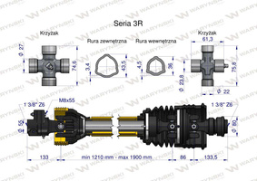 Wał przegubowo-teleskopowy 1210-1900mm 460Nm sprzęgło z kołkiem od st. ciągnika  szerokokątny do st. maszyny CE seria 3R WARYŃSKI [W371901210]