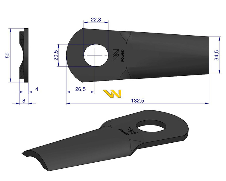 Nóż. nożyk kosiarka gięty 132X50X4mm 13800013 JF-Stoll WARYŃSKI