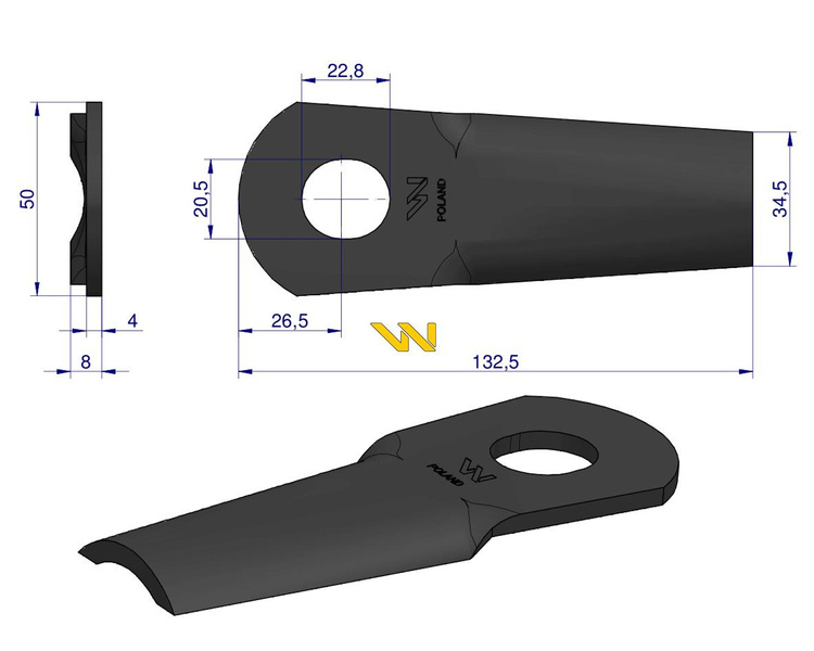 Nóż. nożyk kosiarka gięty 132X50X4mm otwór 20.5x23 13800013 JF-Stoll WARYŃSKI