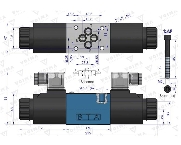 Rozdzielacz elektrozawór 3-pozycyjny 50L suwak "E" (cewki x2) 12V VOIMA 