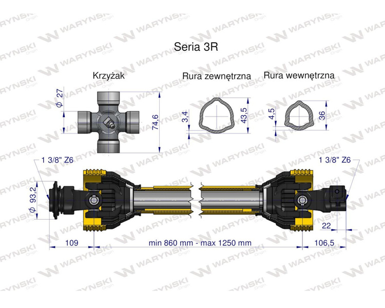 Wał przegubowo-teleskopowy 860-1250mm 460Nm 50250 CE seria 3R WARYŃSKI