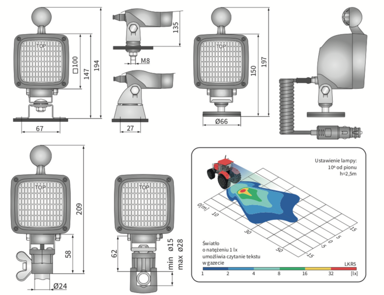 lampa robocza z uchwytem omega i złączem AMP Faston WESEM LKR5.24876 100x100mm