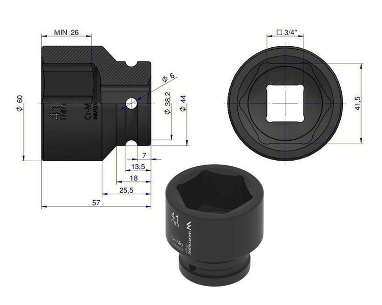 Nasadka udarowa sześciokątna 3/4" 41 mm Waryński