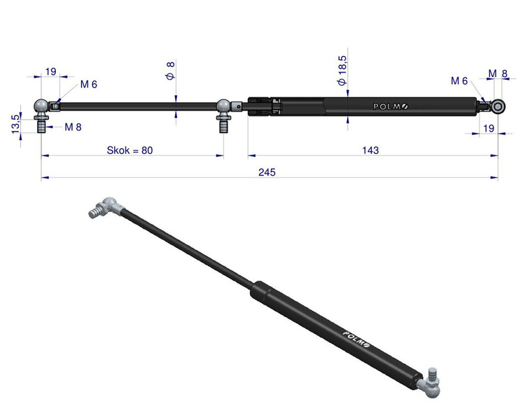 siłownik amortyzator gazowy A=245 B=125 F=220N skok 80, POLMO 3399042R1