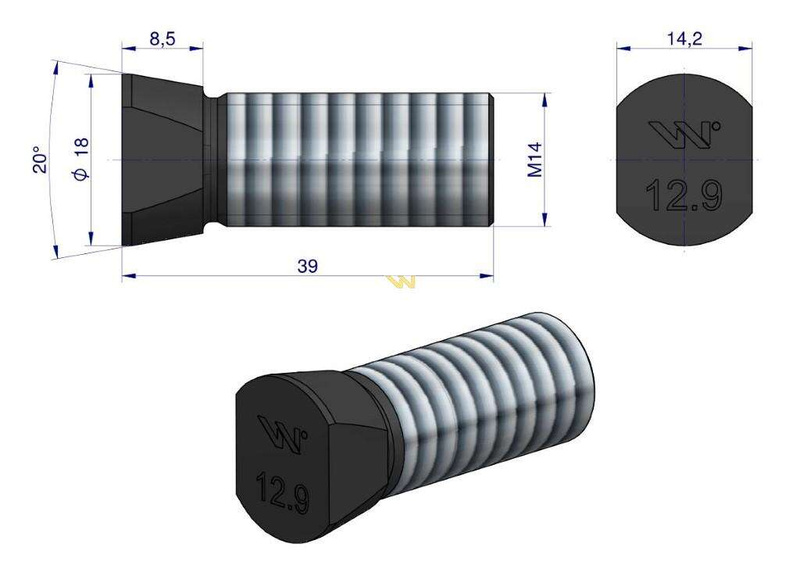 Śruba kpl. płużna oval z dwóch stron ścięta M14x39 mm kl.12.9 zastosowanie Vogel & Noot Waryński