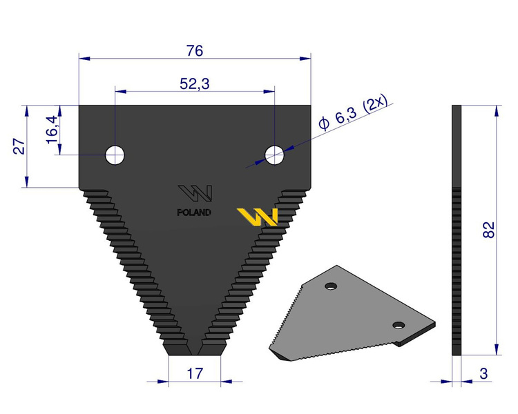 Nóż żniwny 82x76x3mm otwór 6.3 D44103700N Claas Massey Ferguson WARYŃSKI