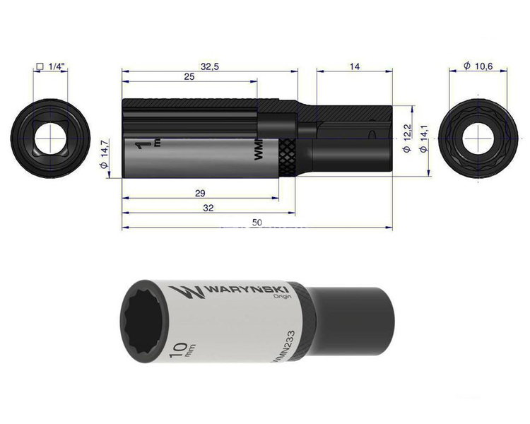 Nasadka dwunastokątna 1/4" 10 mm długa Waryński