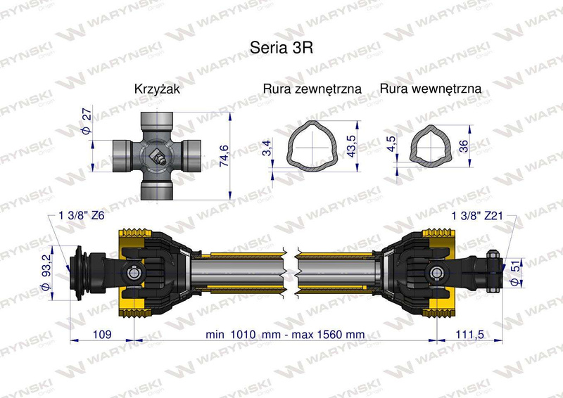 Wał przegubowo-teleskopowy 1010-1560mm 460Nm widłak Z21 skręcany na śrubę 50270 CE seria 3R WARYŃSKI [W321121010]