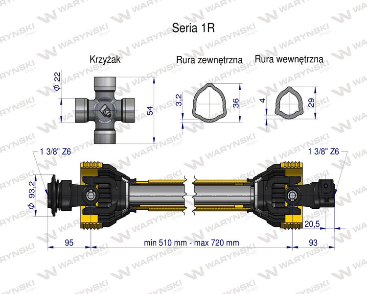 Wał przegubowo-teleskopowy 510-720mm 210Nm 10210 CE seria 1R WARYŃSKI