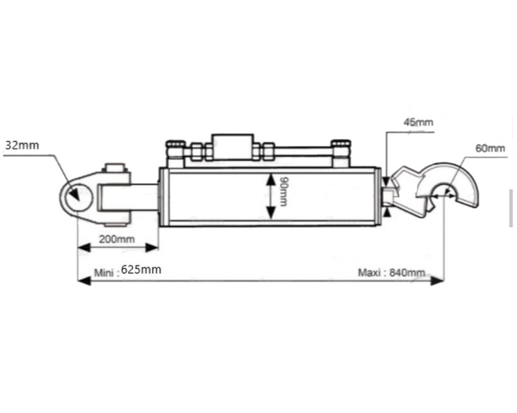 Łącznik hydrauliczny z hakiem zaczepowym i głowicą CBM średnica cylindra 90mm długość: 625mm