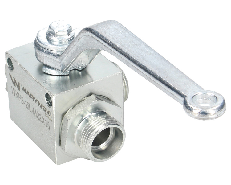 Zawór kulowy hydrauliczny 3-drogowy 3/2 M22x1.5 15L z otworami mocującymi 500 bar Waryński 