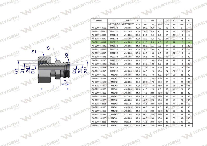 Złączka hydrauliczna metryczna AB (XKOR) A-M18x1.5 12L / B-M14x1.5 08L Waryński [5211150812]