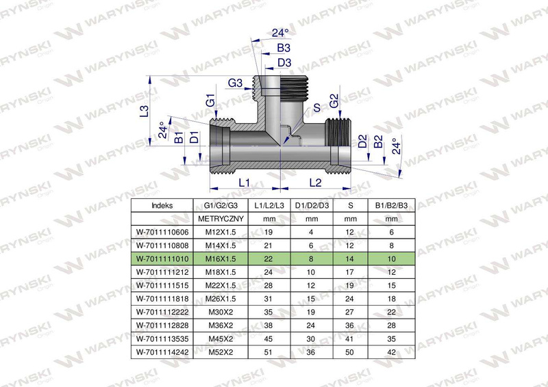 Trójnik hydrauliczny metryczny BBB M16x1.5 10L (XT) Waryński