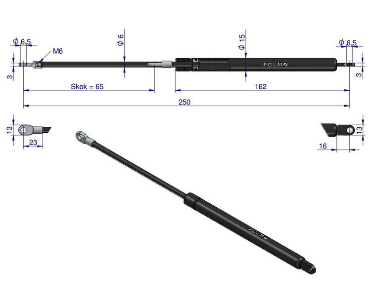 siłownik amortyzator gazowy A=250 B=155 F=180N skok 65, POLMO 3221572R1