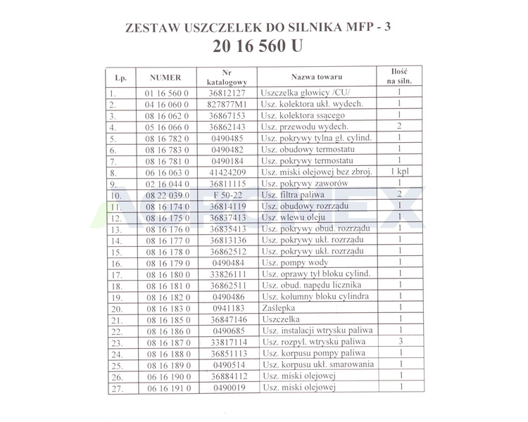 Zestaw uszczelek silnikowych MF3 oryginał Ursus 2016560