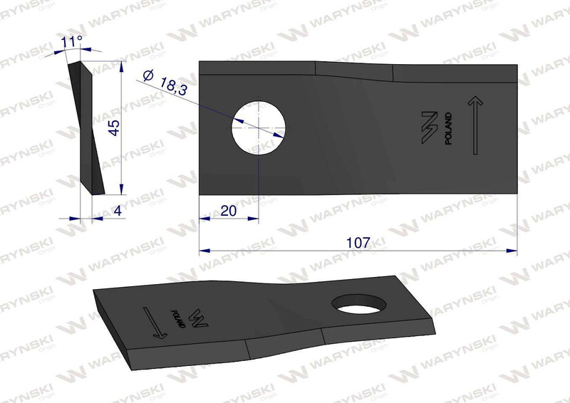 Nóż, nożyk 107x45x4x18,2mm lewy kosiarka Kuhn 55903210 Waryński