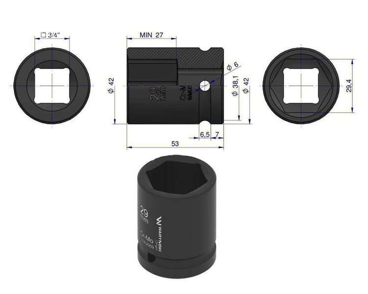 Nasadka udarowa sześciokątna 3/4" 29 mm Waryński