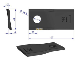 Nóż nożyk kosiarki lewy 107x48x4mm otwór 18.5 Vicon 90261559 WARYŃSKI