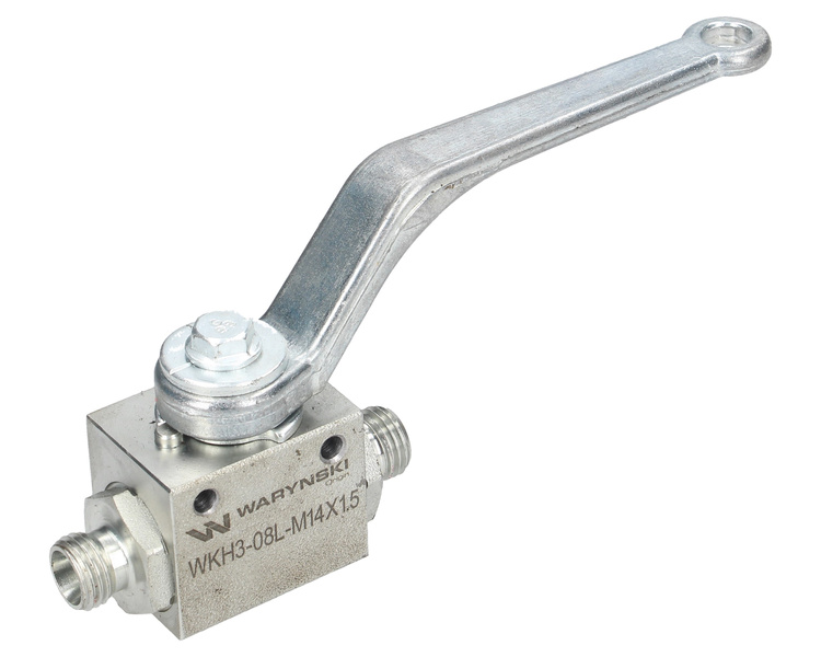 Zawór kulowy hydrauliczny 3-drogowy 3/2 M14x1.5 08L z otworami mocującymi 500 bar Waryński 