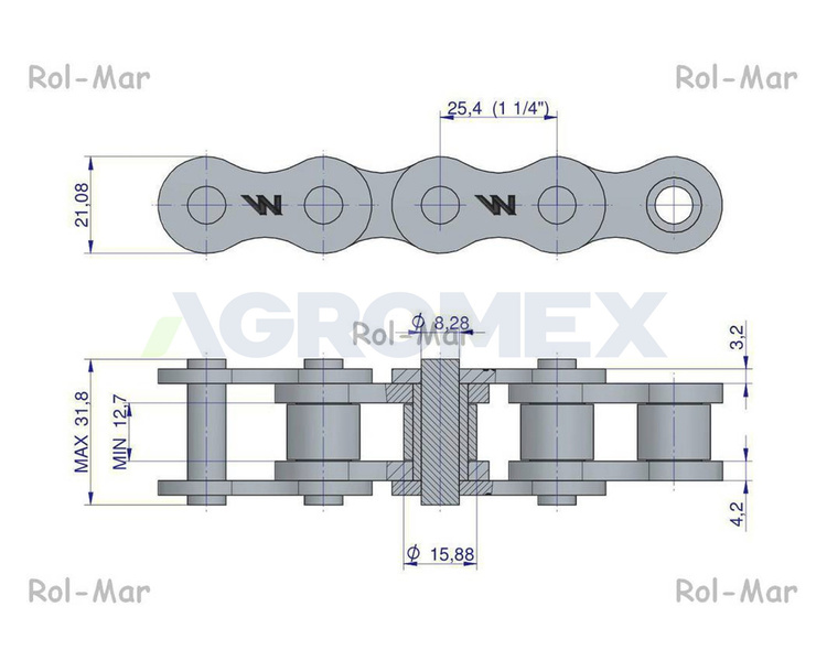 Łańcuch rolkowy 16BX-74 ogniwa 1880 mm napęd główny Sipma 5270077000 Waryński