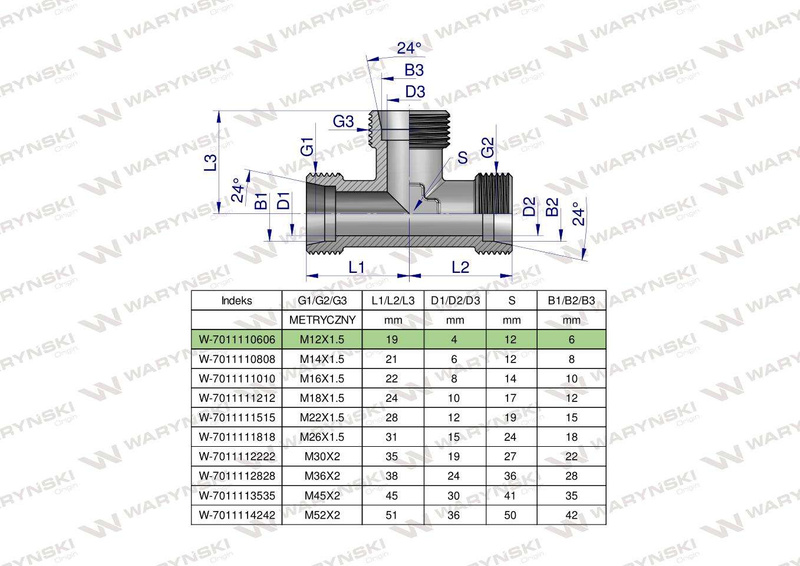 Trójnik hydrauliczny metryczny BBB M12x1.5 06L (XT) Waryński