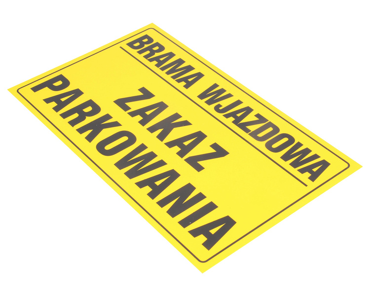 Tablica ostrzegawcza plastikowa żółta BRAMA WJAZDOWA, ZAKAZ PARKOWANIA 20x33 cm