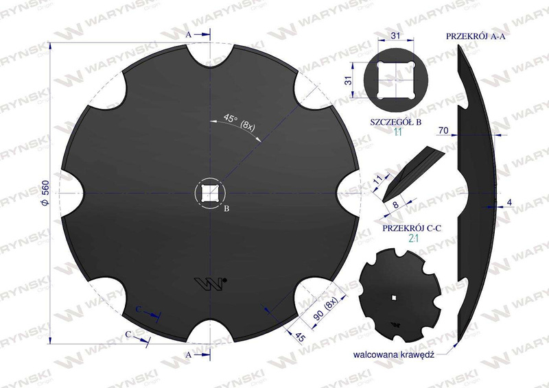 Talerz uzębiony Z-8 fi 560 otwór 30x30 stal borowa WARYŃSKI MAXX 1279601010 1202030130 W-5197560/30 [W-7560/30/4]