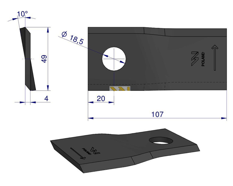 Nóż nożyk kosiarki lewy 107x48x4mm otwór 18.5 Vicon 90261559 WARYŃSKI
