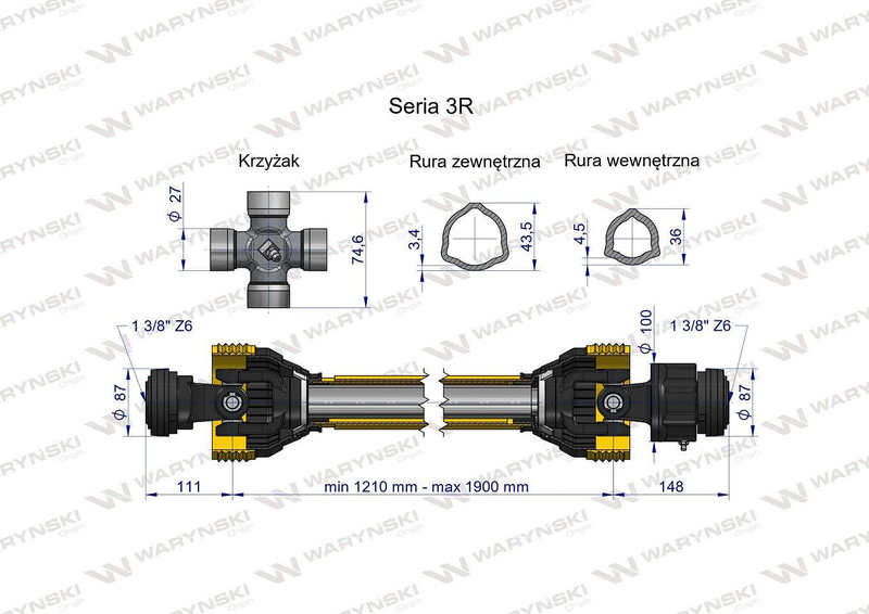 Wał przegubowo-teleskopowy 1210-1900mm 460Nm sprzęgło jednokierunkowe CE 2020 seria 3R Waryński