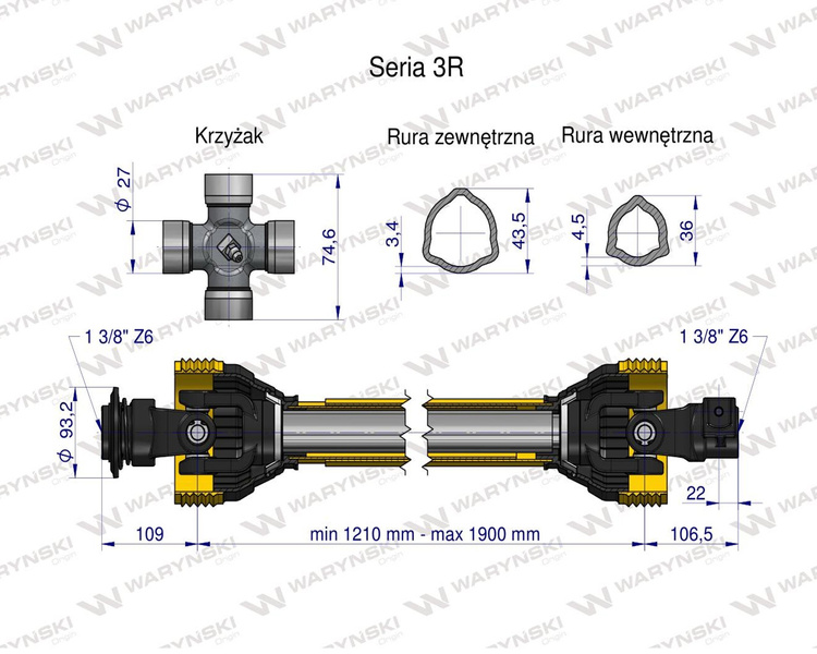 Wał przegubowo-teleskopowy 1210-1900mm 460Nm 50280 CE seria 3R Waryński