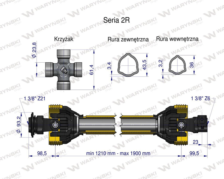 Wał przegubowo-teleskopowy 1210-1900mm 270Nm widłak Z21 od ciągnika CE seria 2R WARYŃSKI