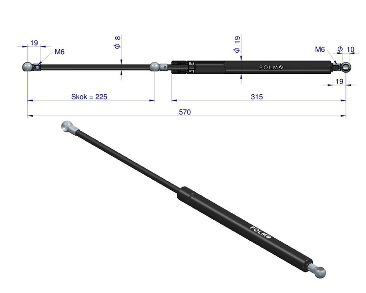 siłownik amortyzator gazowy A=570 B=300 F=200N skok 225, POLMO 47126775