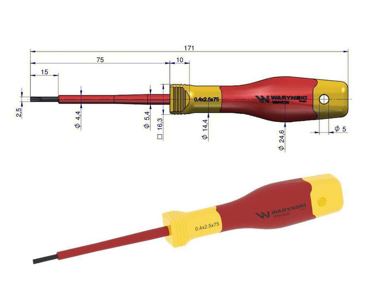 Wkrętak płaski izolowany 2,5 x 75 mm VDE Waryński