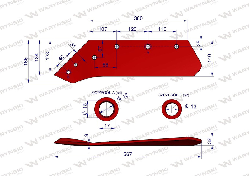 Lemiesz pługa lewy 16" 073005 Kverneland Waryński